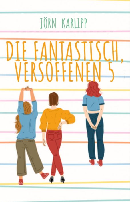 Die fantastisch, versoffenen 5 Drei Frauen stehen nebeneinander, mit unterschiedlichem Blick und Kleidung, auf buntem Hintergrund.