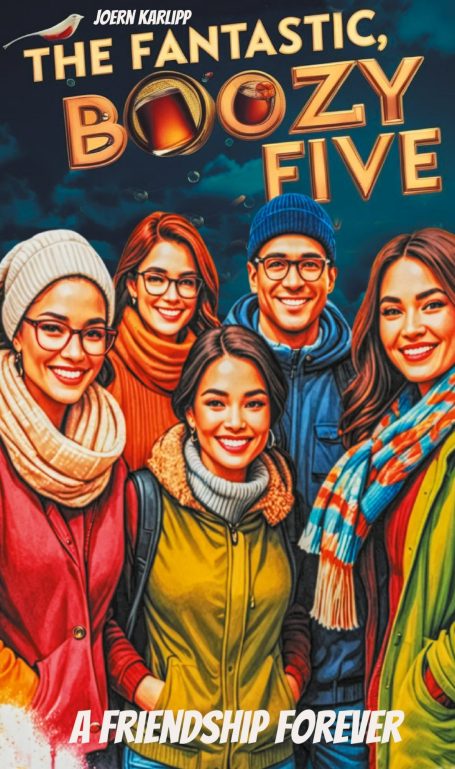 The fantastic, boozy 5 Fünf Freunde stehen zusammen, lächeln und tragen stylische Kleidung.